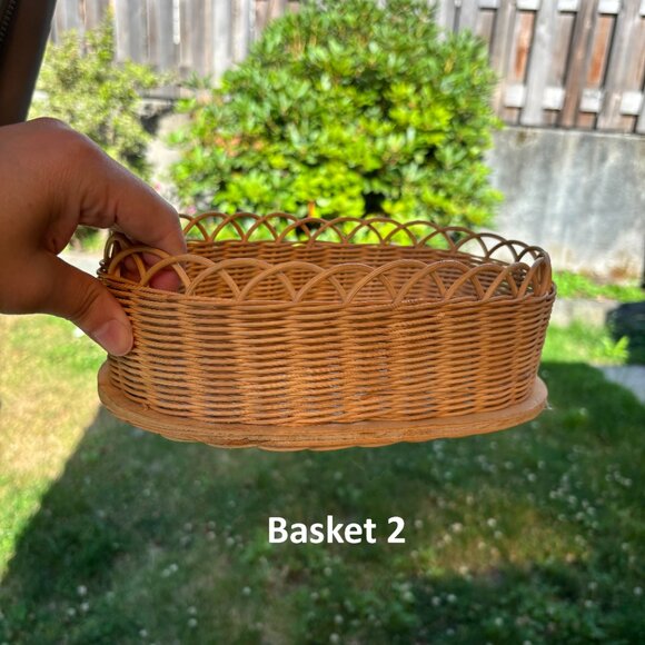 Vintage Wicker Basket Set of 3 Oval Shaped Boho Storage Bins with Wood Bases - Picture 4 of 11
